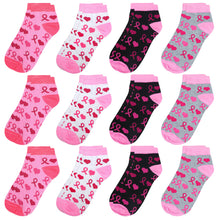 Load image into Gallery viewer, 12-Pack Pink Ribbon Women's Ankle Socks