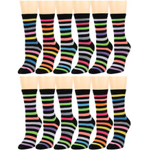 Load image into Gallery viewer, 12-Pack Women's Crew Socks Multicolor Striped